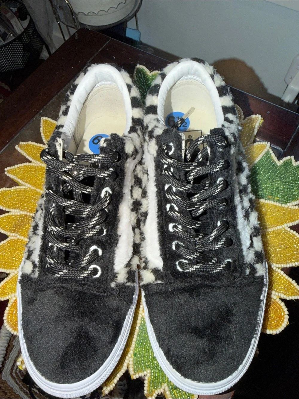 Vans Black & White Faux-Shearling Checkerboard Lace-Up Sneakers